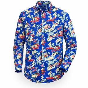 Tin Haul Men’s Hawaiian Pearl Snap Blue Long Sleeve Pocket Shirt Size S​​